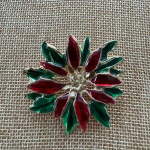 Vintage Red and Green Enamel Metal Christmas Holiday Poinsettia Brooch